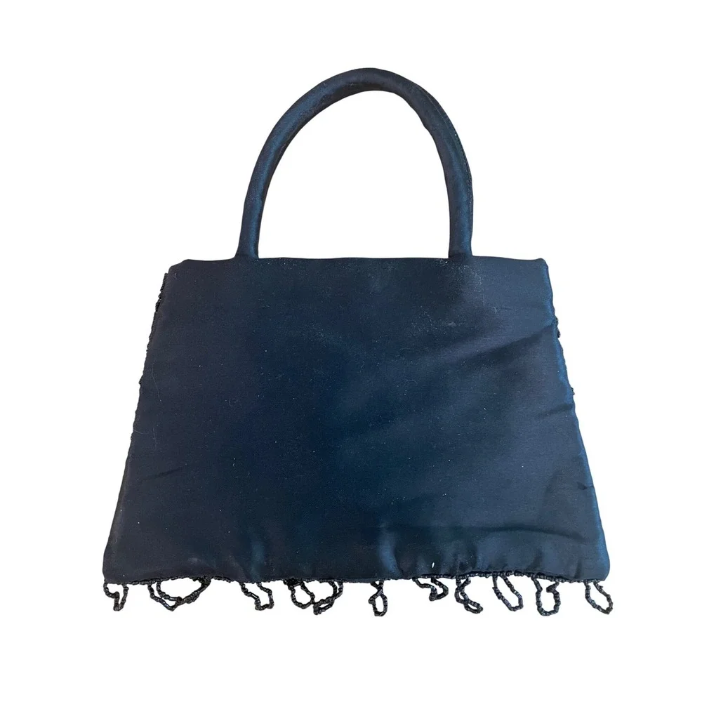 Vintage Black Beaded‎ Chevron Fringe Satin Top Handle Evening Bag Small Handbag